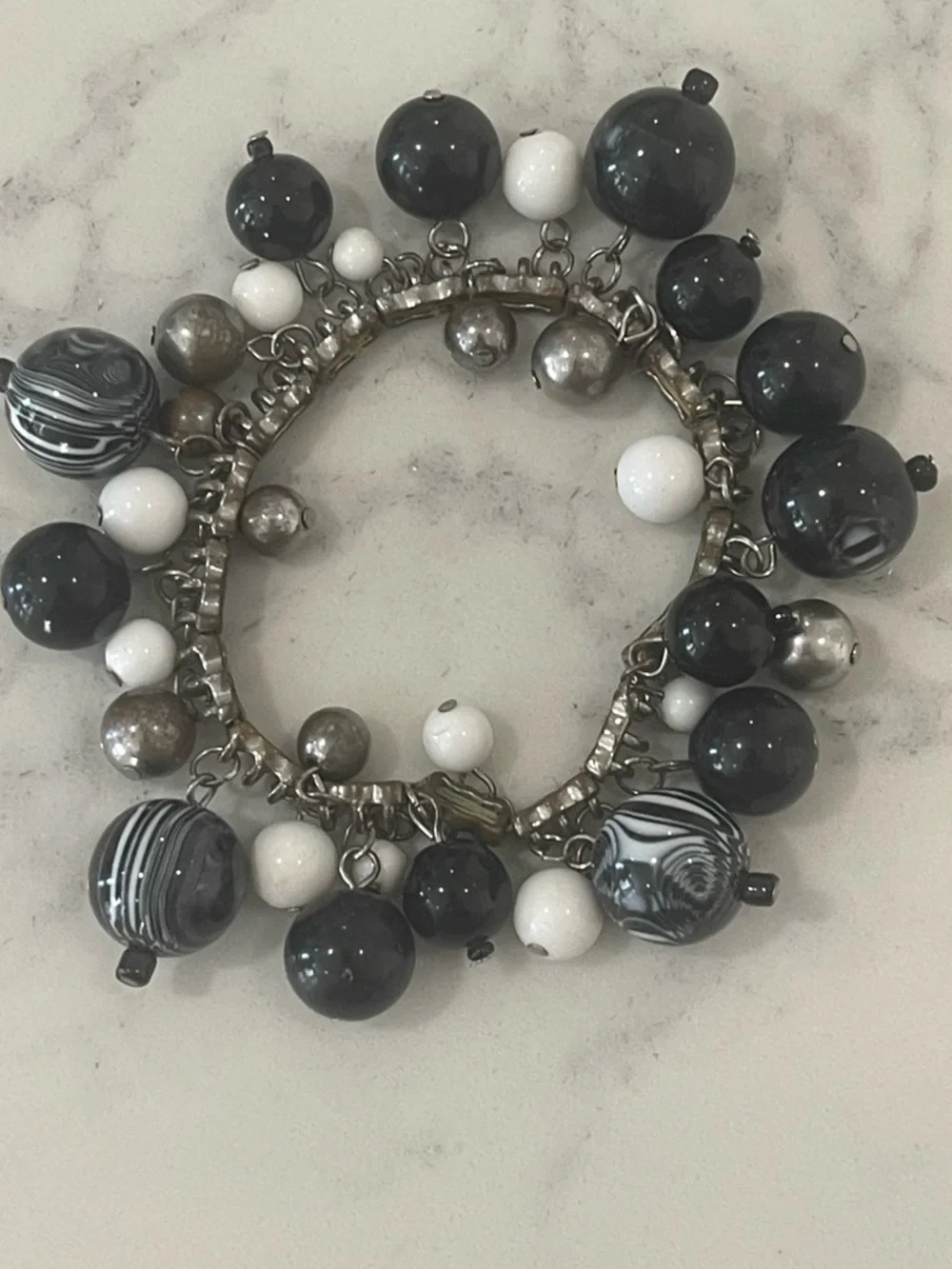 Black Beaded Bracelet Set with Silver Accents and Beaded Stretch Ring